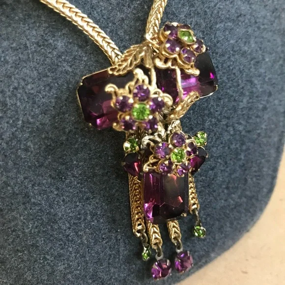 Rare Vintage Alice CAVINESS Purple Art Glass Rhinestone Tassel Designer Set - Picture 3 of 16